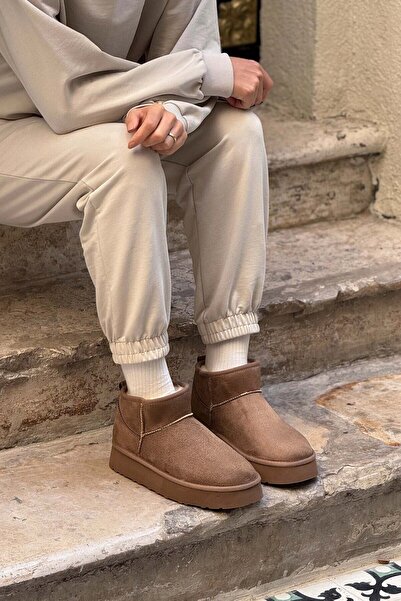 ALTUNTAŞ Mini Koyu Bej Süet İçi Kürklü Kalın Taban Kadın Bot