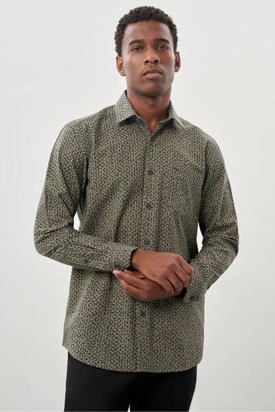 İmza Σκούρο χακί μακρυμάνικο υφασμάτινο πόδι με σκληρή τσέπη γιακά βαμβακερό πουκάμισο Classic Comfort Fit 1004245215