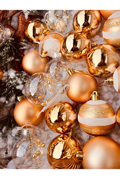 Derin Düşler New Year's Champagne Rose Gold - Clear Shiny Matte White 6 cm 25 Pieces Tree Decoration Set
