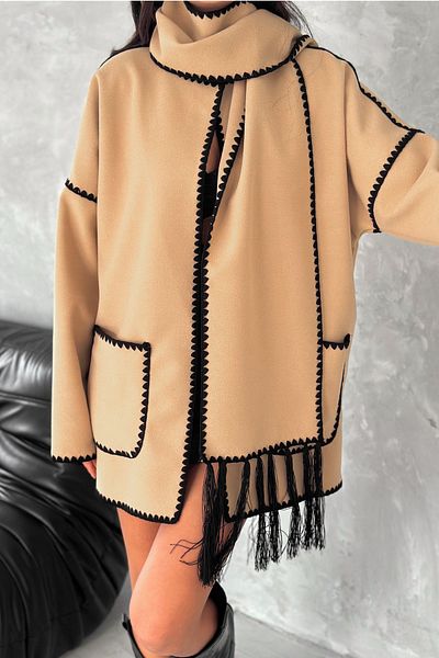 FEMELLE Kimono de damă, bej, mărime standard, cu buzunar dublu, cusătură pastorală, cu accesorii pentru șal