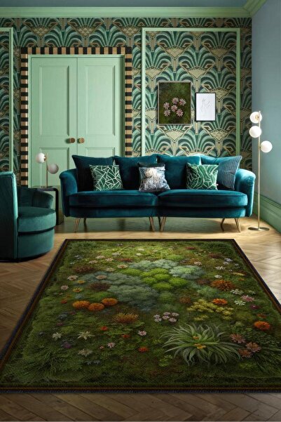 Homshtag Art Deco Yosun Halısı Bitki Temalı Soft Yeşil Renkli Etnik Dijital B...