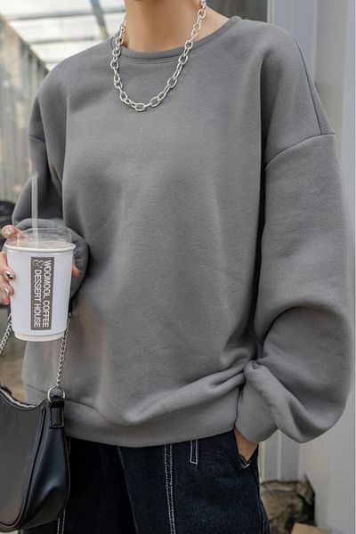 NO 601 Women's Dark Gray Crew Neck Hoodless Sweat