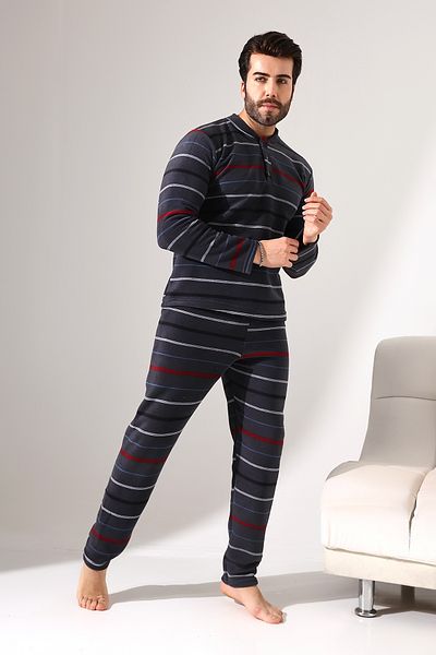 VG BOND MODA Colorful Line Detailed Long Sleeve Men's Fleece Pajamas Set Vg109