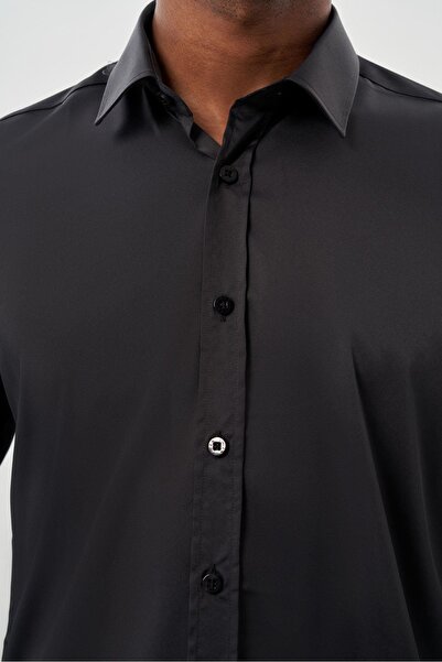 İmza Stretchy Slim Fit Dark Anthracite Shirt - Long Sleeve, Hard Neckline, Pocketless, Cloth Feet - 1004245223 _070