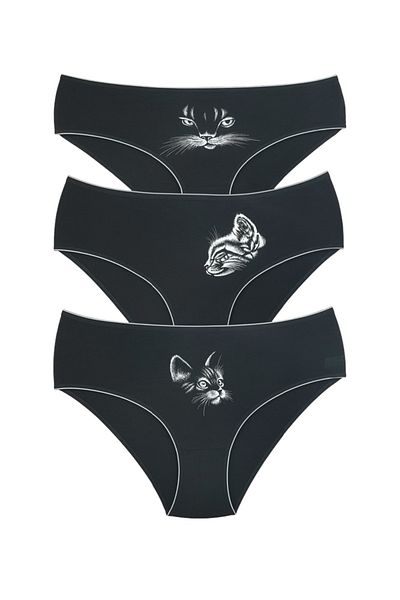 İNSPİRA Plus Size Panties Black Color Cat Pattern 3 Pack Cotton High Waist