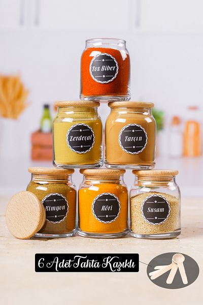 KRM HOME 6 Pieces Wooden Glass Jars with Wooden Spoons and Wooden Lids 300 Cc-6 Pieces Spice Set with Black Label
