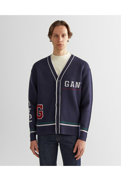 Gant Erkek Lacivert Relaxed Fit V Yaka Logolu Hırka