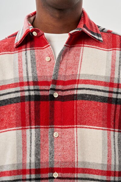 İmza Koyu Kırmızı Yünlü Ekose Desen Yumuşak Yaka Cepsiz Uzun Kol Casual Comfort Fit Gömlek 1004245227