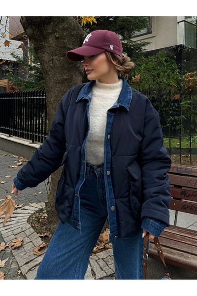 My Blog Navy Blue Denim Detailed Large Pocket Coat-00666