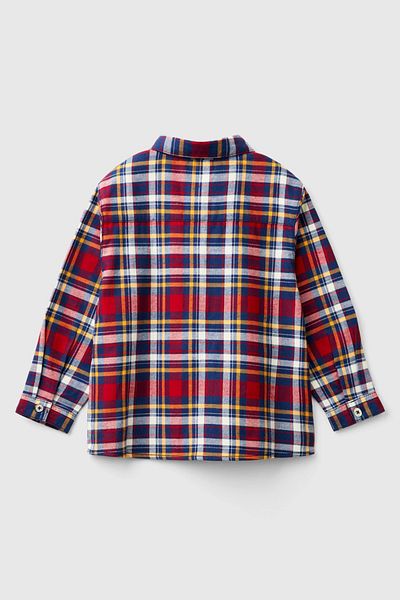 Benetton Boy's Checkered Long Sleeve Shirt with Front Pocket Logo - Red Mix