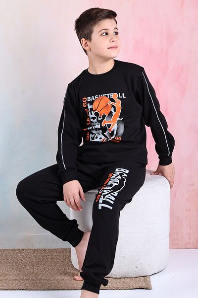 KAPİKİDS Set de pijamale interlock pentru bărbați cu mâneci lungi și decolteu negru pentru baschet