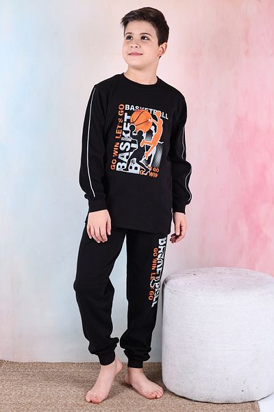KAPİKİDS Set de pijamale interlock pentru bărbați cu mâneci lungi și decolteu negru pentru baschet