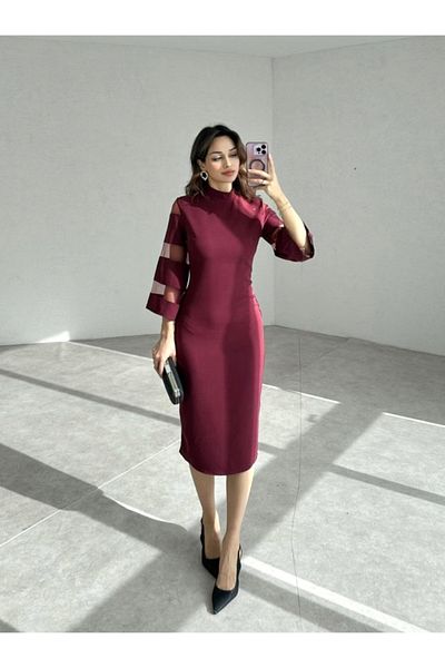 Afiş Butik Rochie midi cu mâneci cu dungi transparente bordeaux