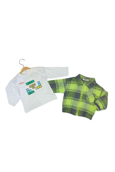 Çikoby Baby Boy Green Checkered Jacket and Lego Printed Long Sleeve Set of 2