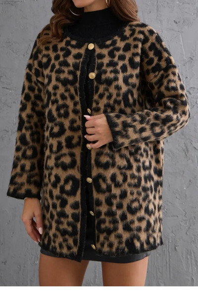 Trade Bazaar Cardigan din tricot leopard cu dungi pentru femei, cu decolteu rotund, cu model leopard, maro, din lână