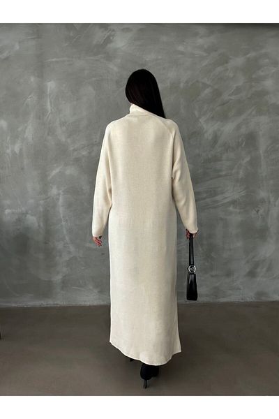 128ve980 Women's High-Top Front Slit Detail Long Sleeve Ecru Knitwear Dress