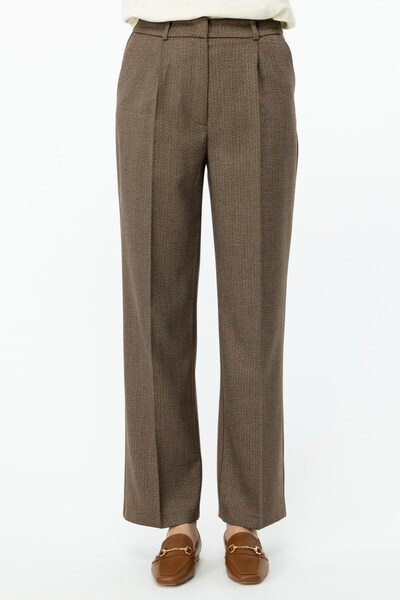 Ekol Balık Sırtı Desenli Bol Paça Pantolon Kakao