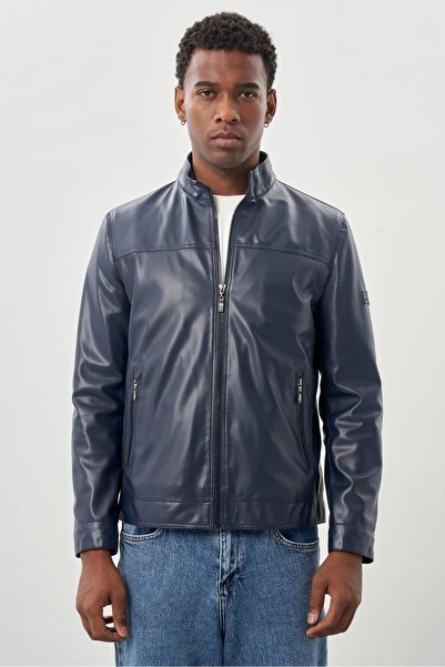 İmza Palton din piele casual, albastru închis, slim fit - guler dominator, fantă dreaptă, căptușeală completă 1038245151