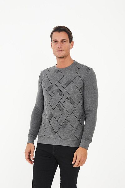 Maccali Men's Geometric Print Basic Winter Long Gray Sweatshirt