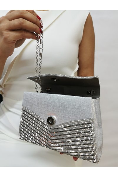 MODA Beegi̇ Concept Women's Evening Dress Stone Silver Chain Wedding Night Party Bag