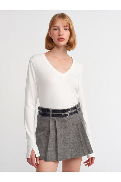 Dilvin 10427 Women's V-Neck Sleeve Slit Sweater