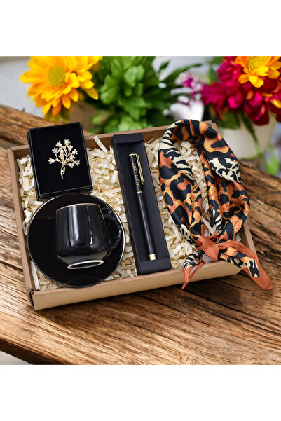 Bonitagift Siyah Roller Kalem & Siyah Tekli Fincan & Leopar Desenli Fular & G...