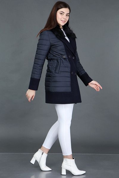 Veger Navy Blue Women's Quilted Coat - Double Fabric, Fur Collar, Model 3346