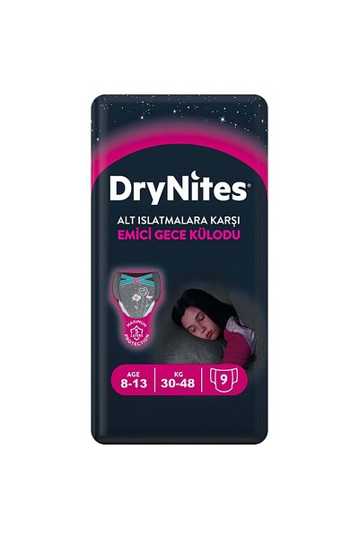 DryNites Absorbent Night Panties for Girls Ages 8-13 - 30-48kg, Large 45 Pieces 5Pk*9 Against Bottom Soaking