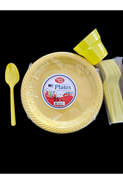 partideyince PLASTİK SERT TABAK BARDAK ÇATAL KAŞIK SARI RENK 25 KİŞİLİK SET