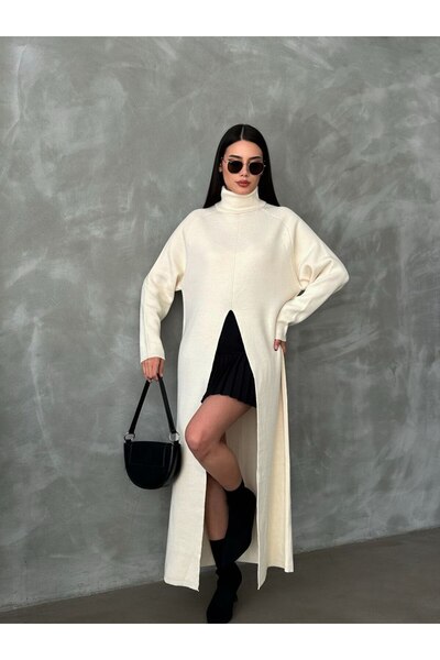 128ve980 Women's High-Top Front Slit Detail Long Sleeve Ecru Knitwear Dress