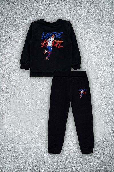 sielta Laminated Yamal Printed Kids Crew Neck 3 Thread Black Sweathisrt Tracksuit Set