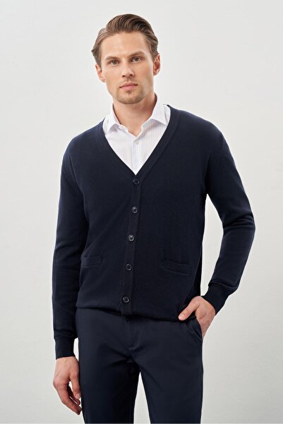 İmza Темно-синій довгий рукав, в'язаний V-подібний виріз, комфортний крій, класичний трикотаж