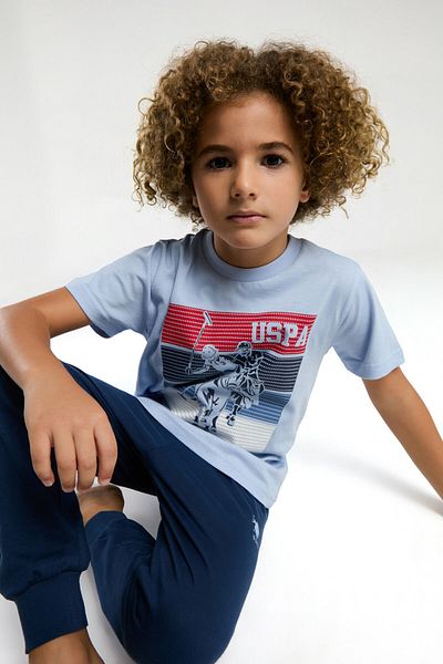 U.S. Polo Assn. Costum de pijama albastru cu maneca scurta pentru baietel