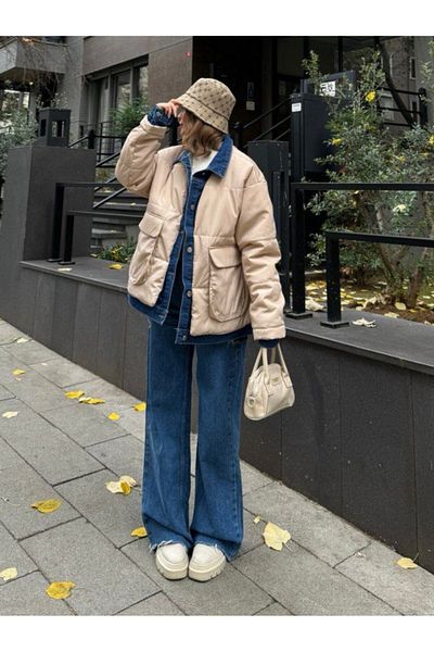 My Blog Beige Denim Detailed Large Pocket Coat-00666