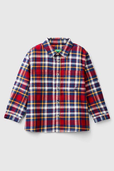 Benetton Boy's Checkered Long Sleeve Shirt with Front Pocket Logo - Red Mix