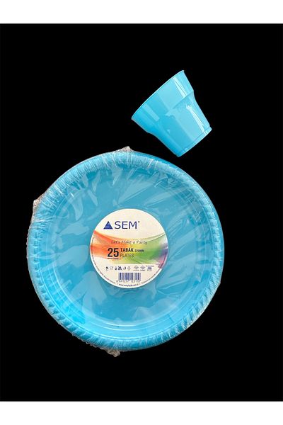 partideyince Plastic Hard Plate Cup Fork Spoon Blue Color Set of 25