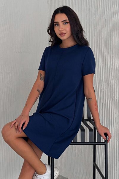 Ded COLLECTION Жіноча сукня з круглим коміром, короткими рукавами, модальною тканиною та деталями швів спереду