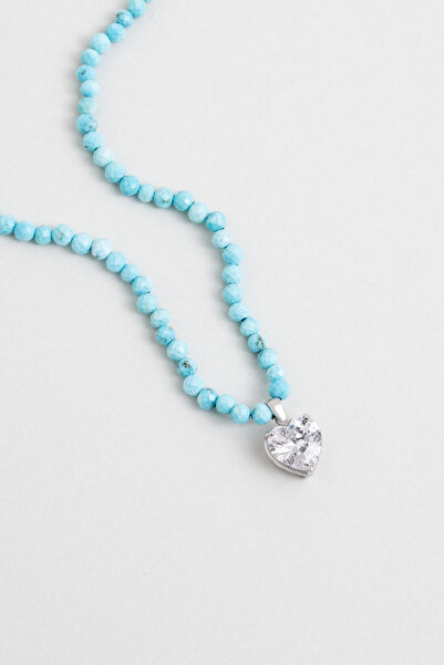 So CHIC... Turkuaz Kalp 18 Ayar Beyaz Altın Kaplama 45 Cm Gümüş Kolye