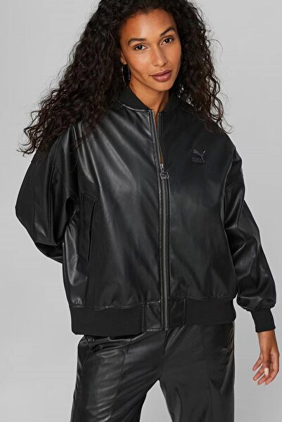 Puma Women’s T7 Faux Leather Bomber Jacket Black Kadın Rahat Kesim Suni Deri ...