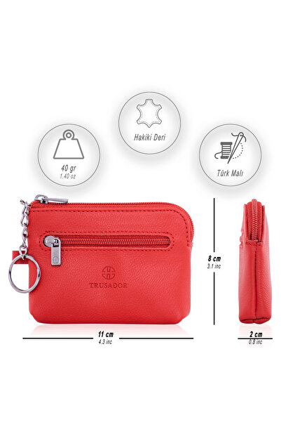 Trusador Milano Red Zipper Mini Size Pouch Wallet Women Genuine Leather Rfid Protect Keychain