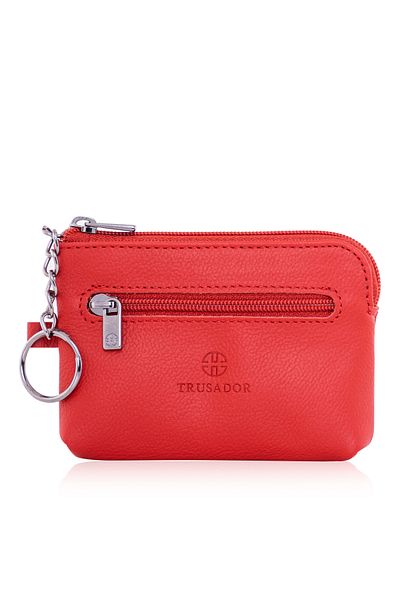 Trusador Milano Red Zipper Mini Size Pouch Wallet Women Genuine Leather Rfid Protect Keychain