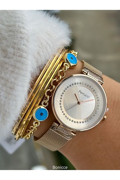 Ferrucci Rose Color, Metal Straw Cord Waterproof Guaranteed Women's Wrist Watch Bracelet