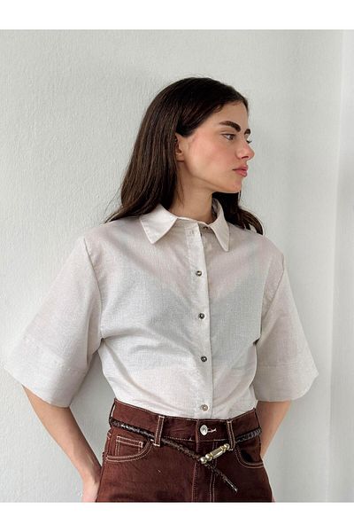 Retrobird Women's Retro Short Sleeve Shirt - Light Glitter, Cream Gold