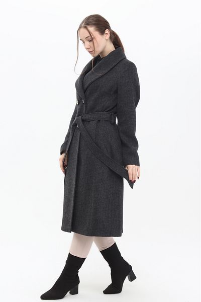 Veger Anthracite Coat for Women - Waist Tie, Shawl Neck, Four Buttons - 3471