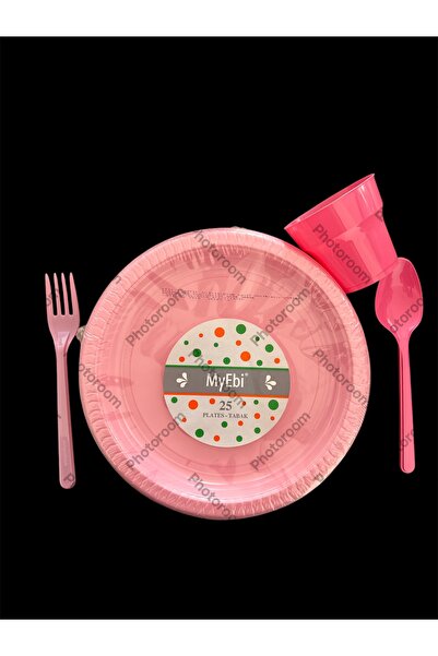 partideyince PLASTİK SERT TABAK BARDAK ÇATAL KAŞIK PEMBE RENK 25 KİŞİLİK SET