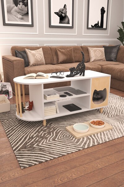 Macco Mobilya Mabel Kedi Yuvalı Orta Sehpa Ekstra Raf ve Saklama Üniteli Sehpa