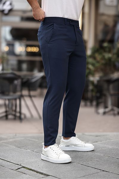 Mero Life Pantaloni din țesătură lycra flexibili de calitate, cu tăietură italiană, albastru marin, slim fit, până la glezne