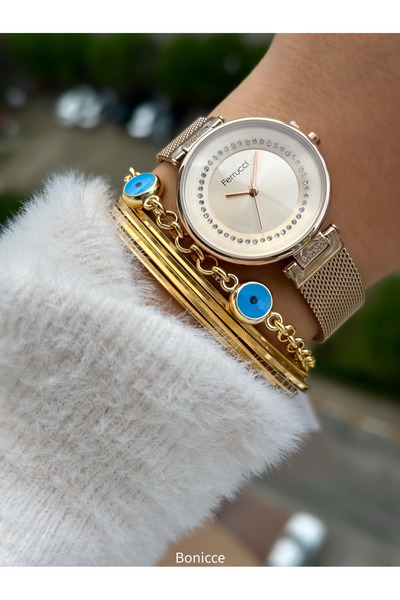 Ferrucci Rose Color, Metal Straw Cord Waterproof Guaranteed Women's Wrist Watch Bracelet