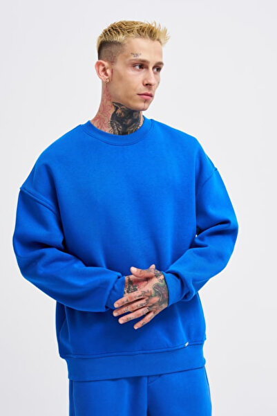 YAKAMEL Erkek Oversize 3 İplik Şardonlu Uzun Kollu Bisiklet Yaka Kazak