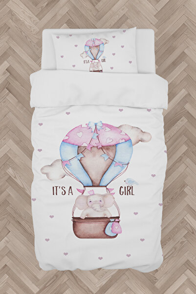 BAMBAŞKA MODA غرفة الأطفال والرضع طقم غطاء لحاف منقوش بالون طائر وردي BMN-8040